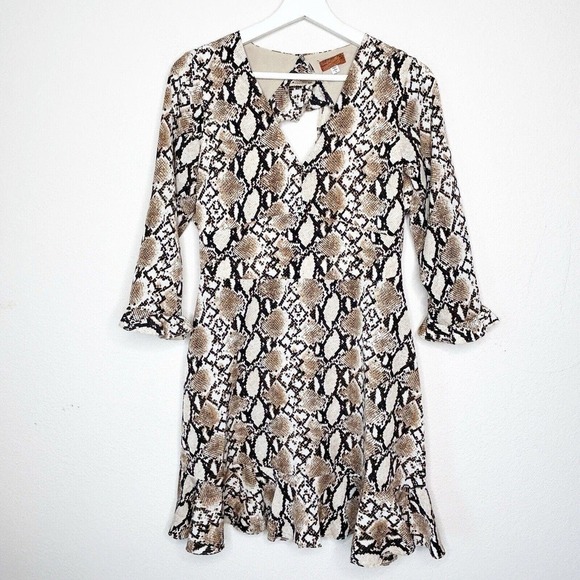Scully Snakeskin Ruffle Open Back 3/4 Sleeved Tan Dress S - Picture 2 of 13